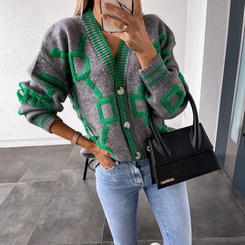 Winter  New Loose Knitted Women Cardigan Casual V-neck Drop-shoulder Sleeve Sweater Spring Print Female Chic Crochet Outerwear