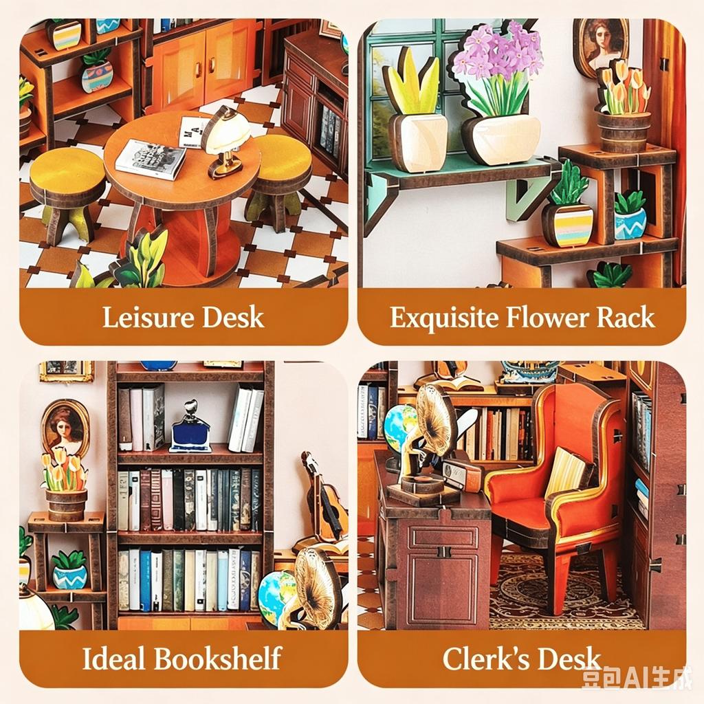Book Nook Kit 3D Wooden Puzzle Bookstore DIY Miniature House Bookshelf Tabletop Wall Decor for Craft Lovers Dollhouse Gift