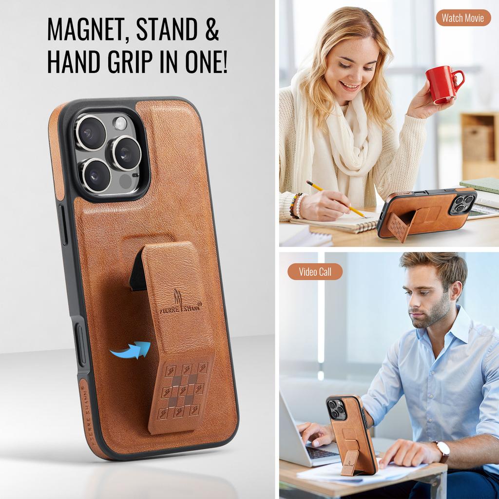 Luxury Foldable Leather Case For iPhone 16 Pro Max 15 Plus 14 13 12 invisable Wristband Magnetic Business Hand Grip Stand Cover