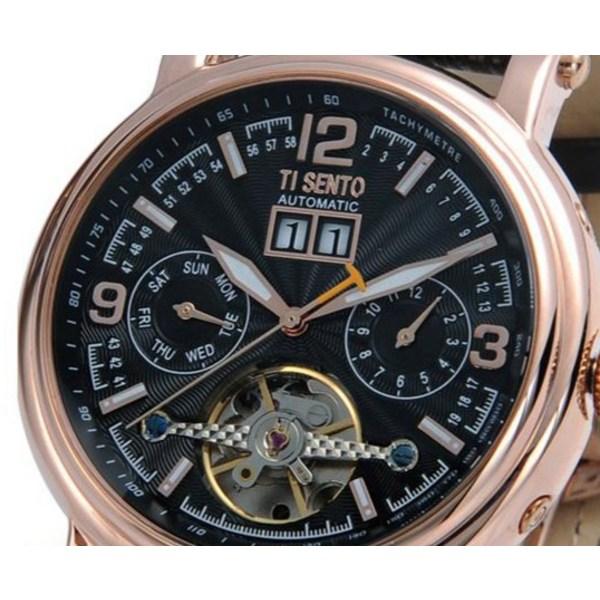 [Ticento]Men's Open Heart Multi-Function Automatic Leather Watch TS50601BROBK + Shopping Bag, Korean Luxury Watches