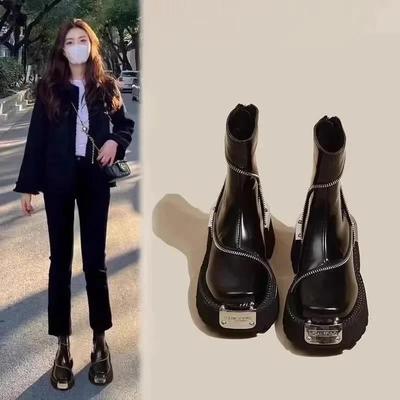 Women's Shoes On Sale 2025 Fashion Zipper Women's Boots Winter Round Toe Solid Short Barrel Platform Chunky Heels Ladies Boots