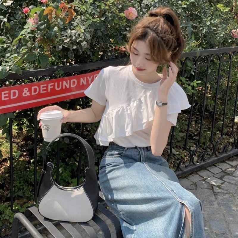 

Женский комплект футболка с оборками и джинсовая юбка – Шикарный французский дизайн, короткий рукав, уникальный летний стиль XL