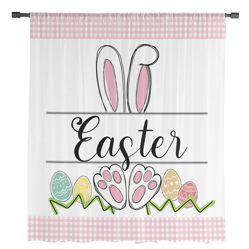 Easter Bunny Ears Egg Plaid Tulle Curtains For Living Room Home Decor Window Curtain Kitchen Sheer Voile Curtain