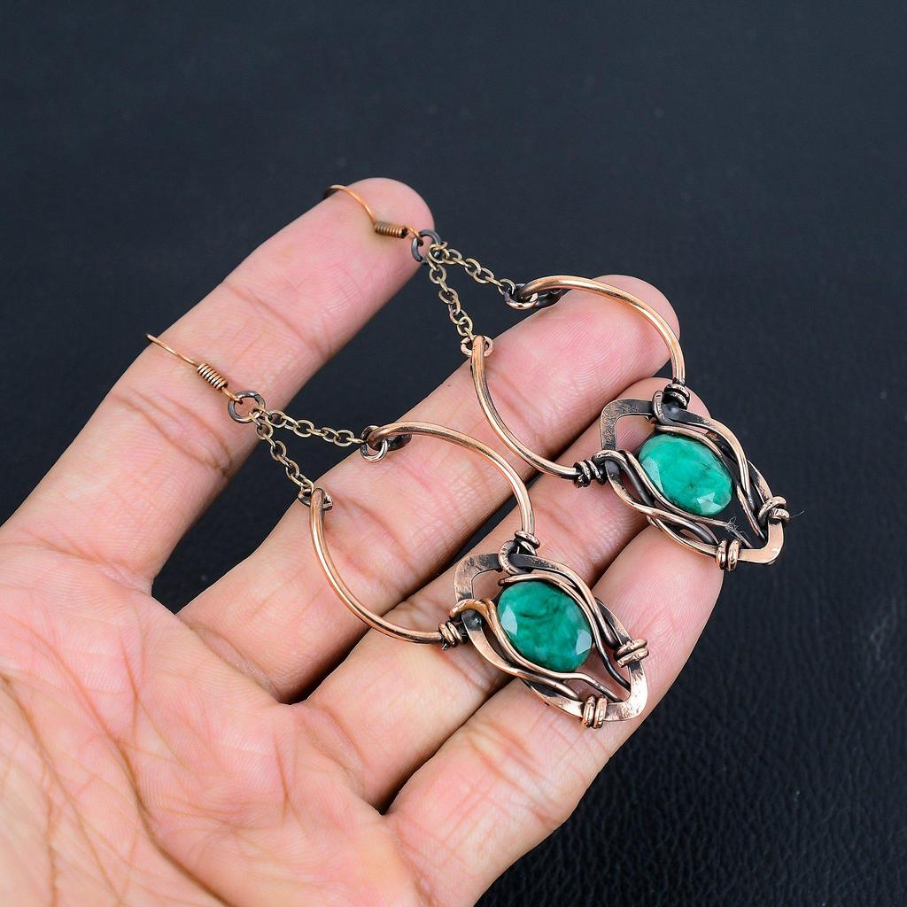 Emerald 999 Copper Wire Wrapped Earrings, Handmade Gemstone Earrings Jewelry, Gifts For Wife Brand New Earrings