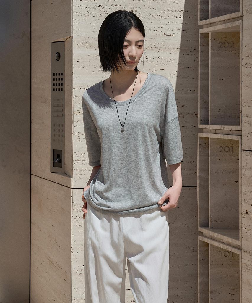 Siyajyu Sitp5287 U-Neck Relaxed Short Sleeve T-Shirt_Melange Gray