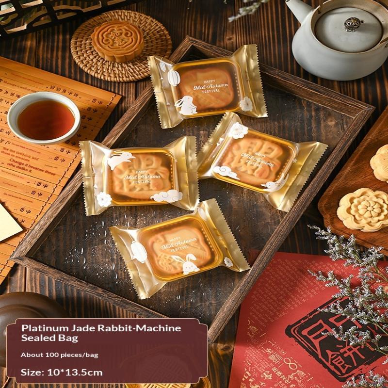 100Pcs Sealable Mooncake Packaging Bags Adorable Rabbit Prints Food Grade for Mid-Autumn Festival Baking Store Gift Packaging Use