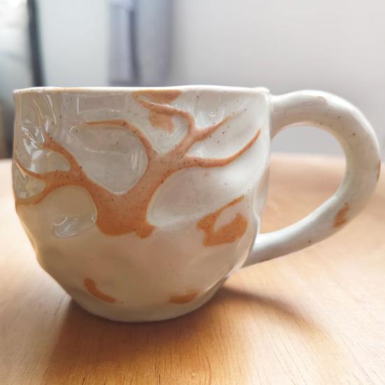 Ceramic Coffee Cup Handmade Rose Bamboo Leaf Embossed Pattern Mug 290ml Rustic Textured Mug Microwave Oven Safe Stackable Gift for Coffee Lovers