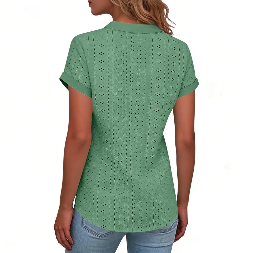 Women Short Sleeve Button Front Eyelet Embroidered Top V Neck Casual Blouse with Rolled Cuffs for Daily Wear