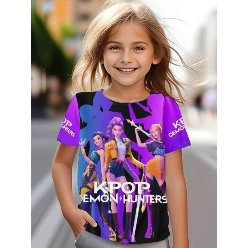 Kpop Demon Hunter Anime Printed T-Shirt Comfortable Fashionable Round Neck Kids Clothes Fashion Casual Tops Soft Girls Colorful T-Shirt
