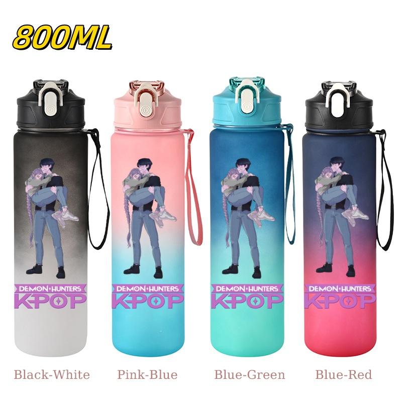 800ML KPop Demon Hunters Gradient Cartoon Print Large Capacity Straw Water Cup Outdoor Portable Sports Drink Bottles Travel Mug