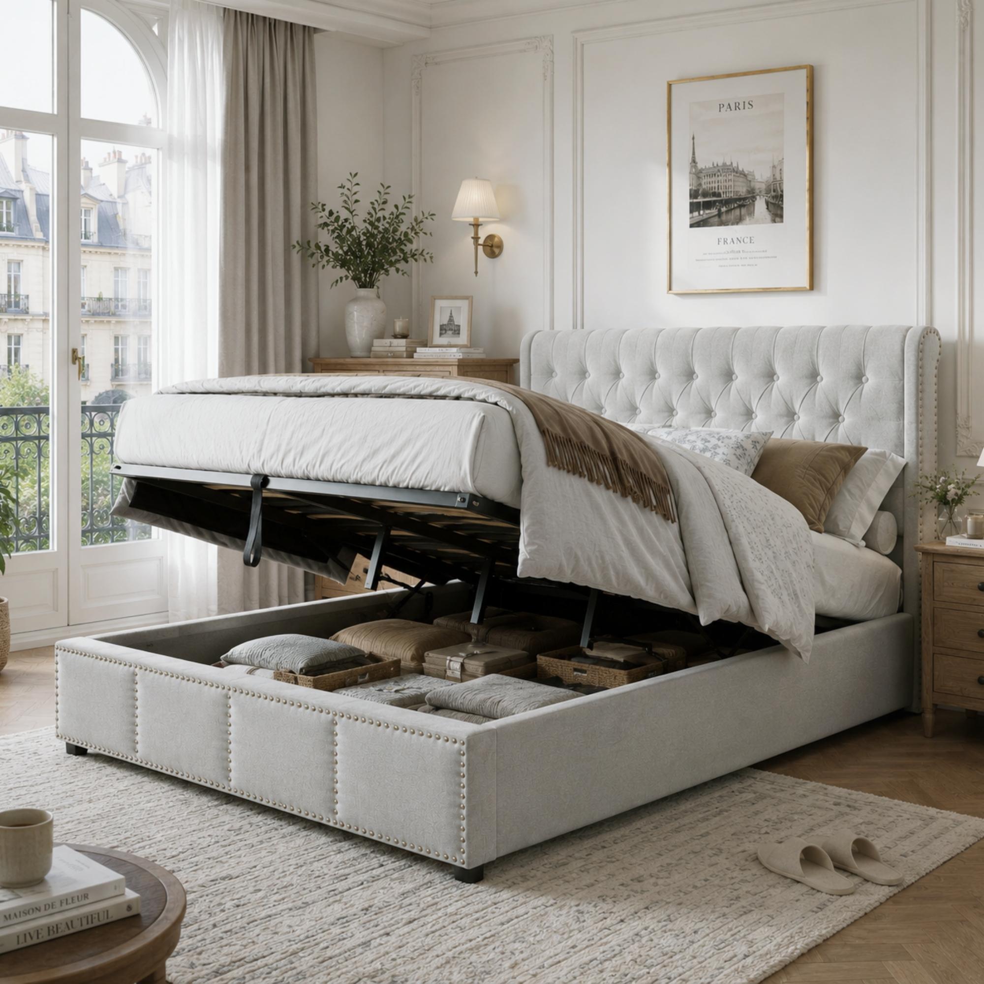 Cotton-Linen Upholstered Bed, with Hydraulic Lift