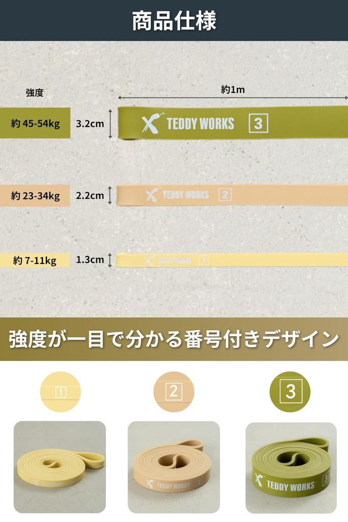 TEDDY WORKS Training Tubes, Set of 3, Resistance Bands, Strength Training, Elastic Bands, Stretch Bands, Pull-Up Aid (Cream/Ivory/Green)