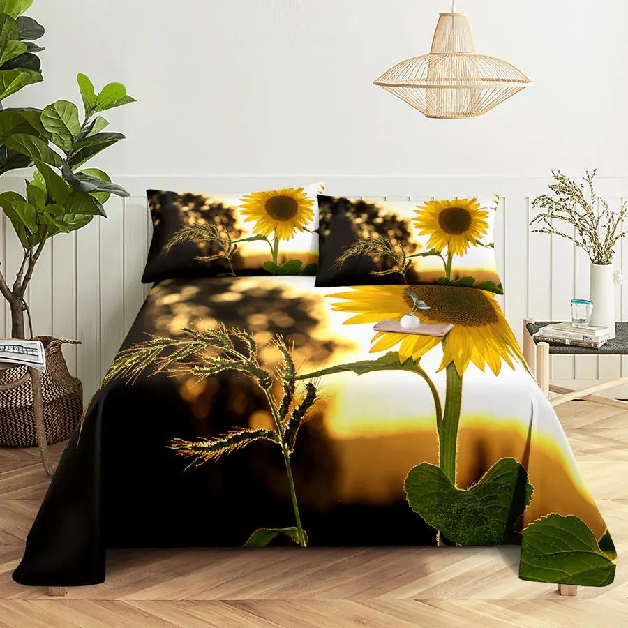 Sunflower Bed Sheets and Pillowcases for Single Double Beds Bedsheets Set with Pillow Case 2pcs 3pcs Queen Full Size 3D Soft