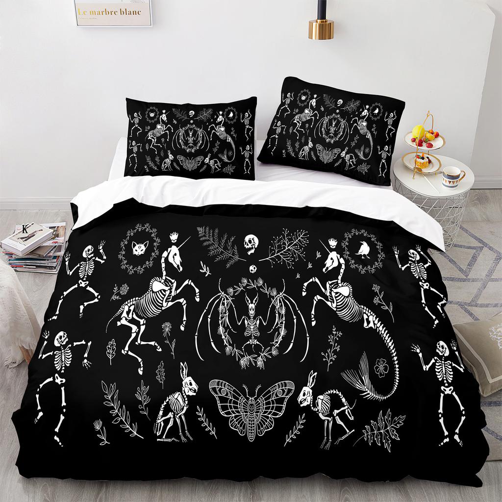 Death Moth Duvet Cover Set Queen Size Gothic Skull Boho Comforter Cover Black And White Skeleton Decorative Soft Bedding Set