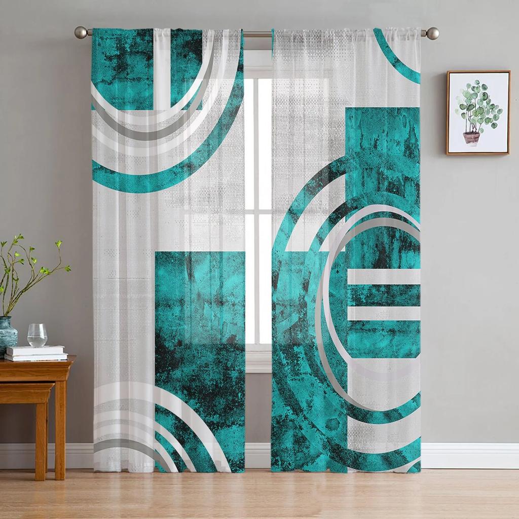 Luxury Tulle Curtains Teal Gradient Marble Pattern Living Room Kitchen Chiffon Curtain Youth Bedroom Sheer Floor Valance Curtain