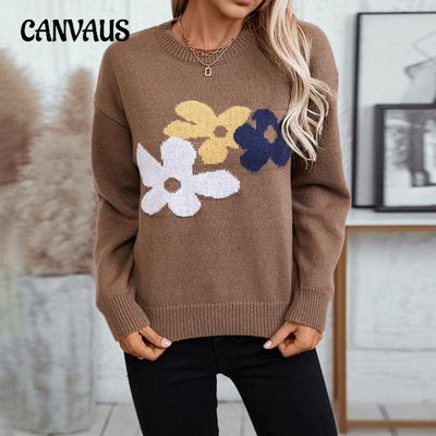 Women's Pullover Knit Sweater Autumn and Winter Round Neck Loose Floral Knit Sweater