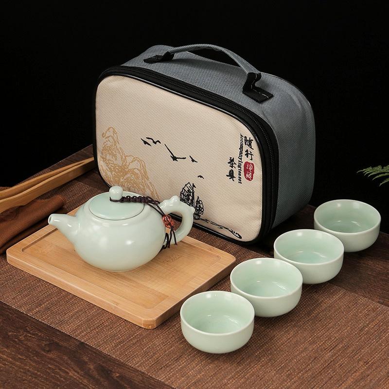 Chinese Tradition Kung Fu Tea Set Portable Ceramic Travel Tea Set Home Office One Teapot Four Teacup Teaware Tea Ceremony Gifts