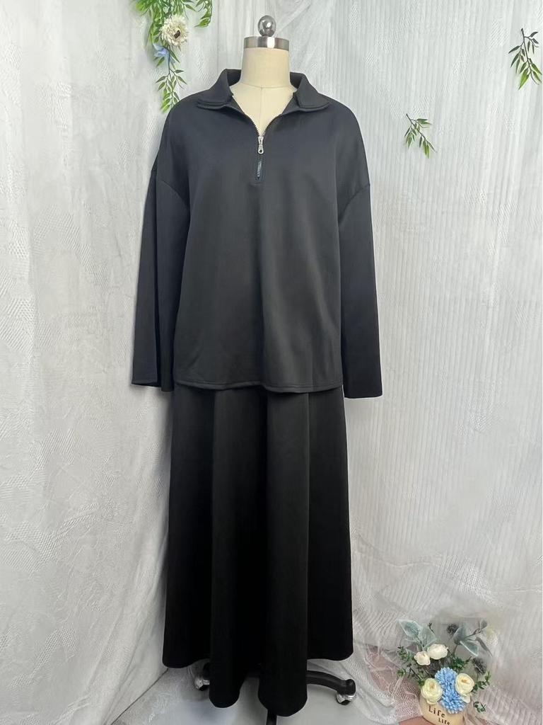 2025 Women's Casual Loose Drapey Half-Zip Top & Skirt Two-Piece Set