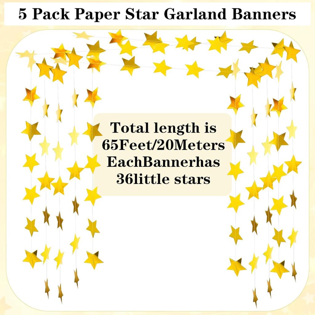 65 Feet Gold Star Garland - Double Sided Paper Star Garland Decorations - Hanging Stars Streamers Party Decorations for Graduation Wedding Birthday