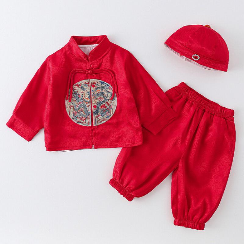 Chinese Style Baby Romper Set: Autumn/Spring Outing Outfit for Boys - Perfect for First Birthday, Full Moon, or Hundred Days Celebration.