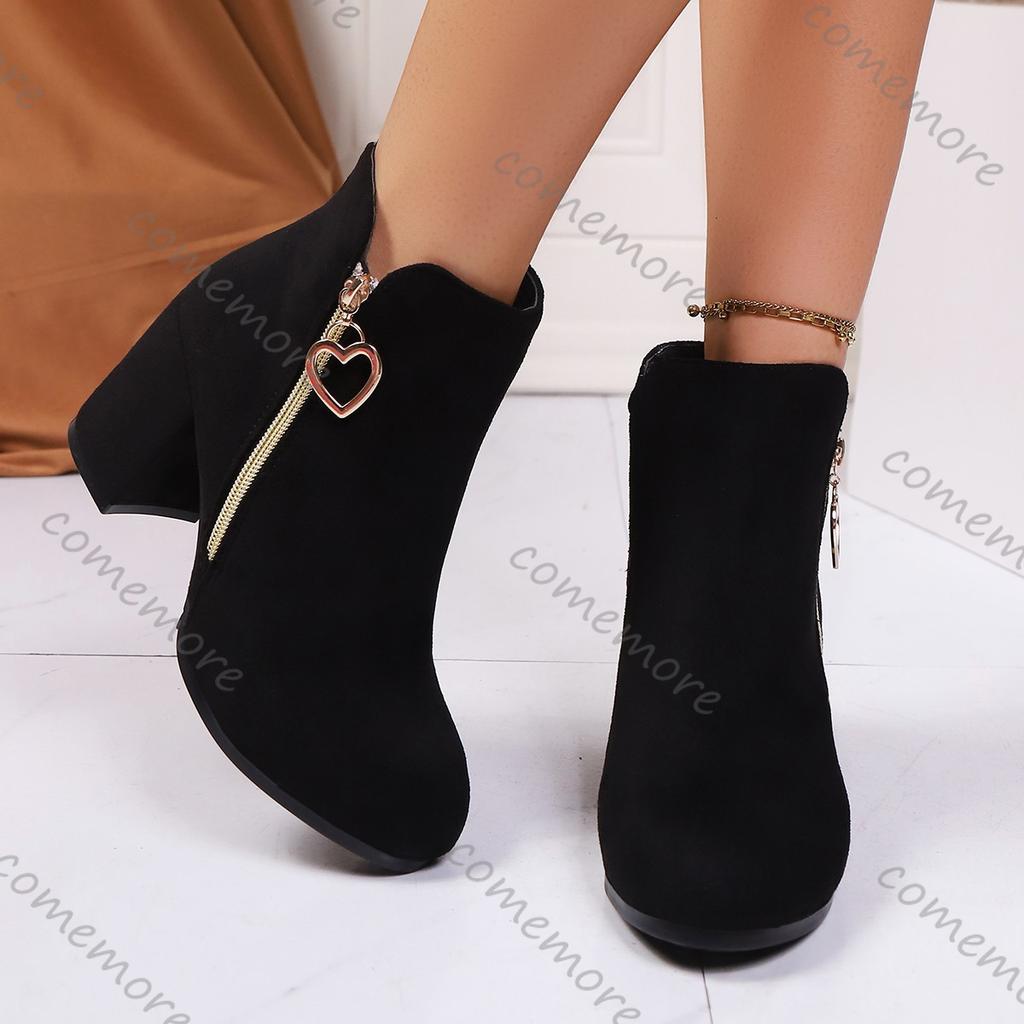 Comemore Short Boots Female 2025 Autumn New Suede Round Head Side Zipper Ankle Boots for Women Thick High Heeled Botines