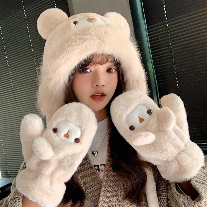 Women's Plush Bear Warm Plush Big Head Circumference Pullover Hat with Bear Ears Plush Hat