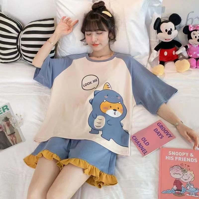 Summer Shorts Set Women's Pajamas Set Cute Cartoon Print Leisure Young Girls Sleepwear Short Sleeve Tops and Shorts Pijamas Women Homewear