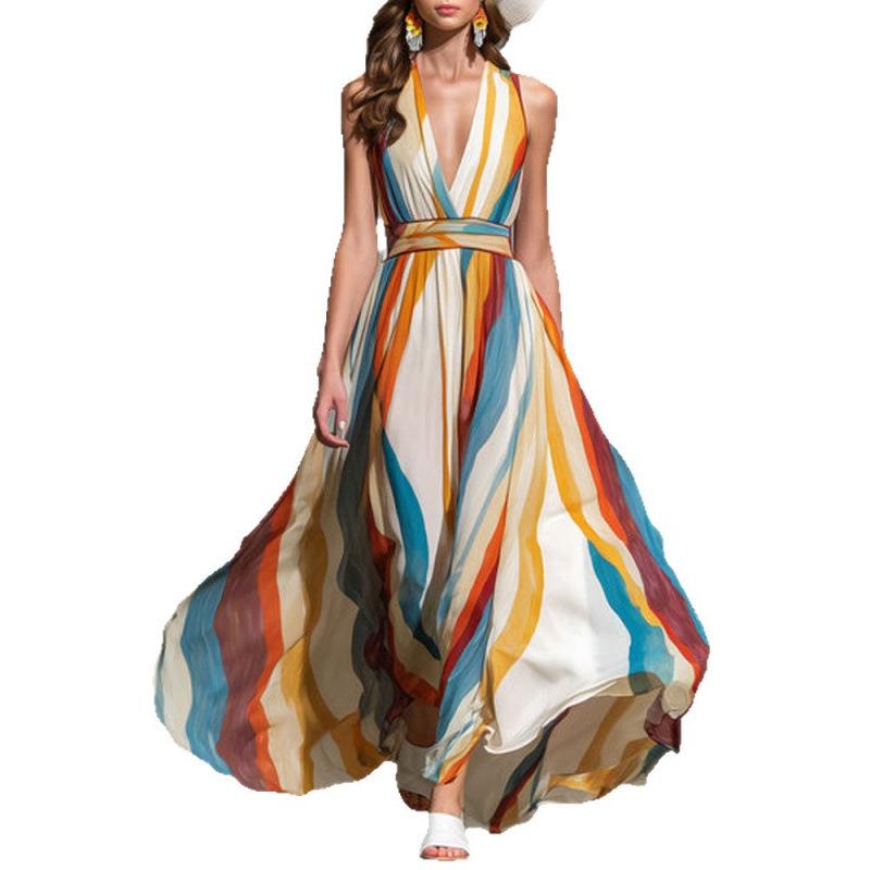 2026 Spring/Summer Wavy Stripe Sleeveless Deep V-neck Off-shoulder Long Dress