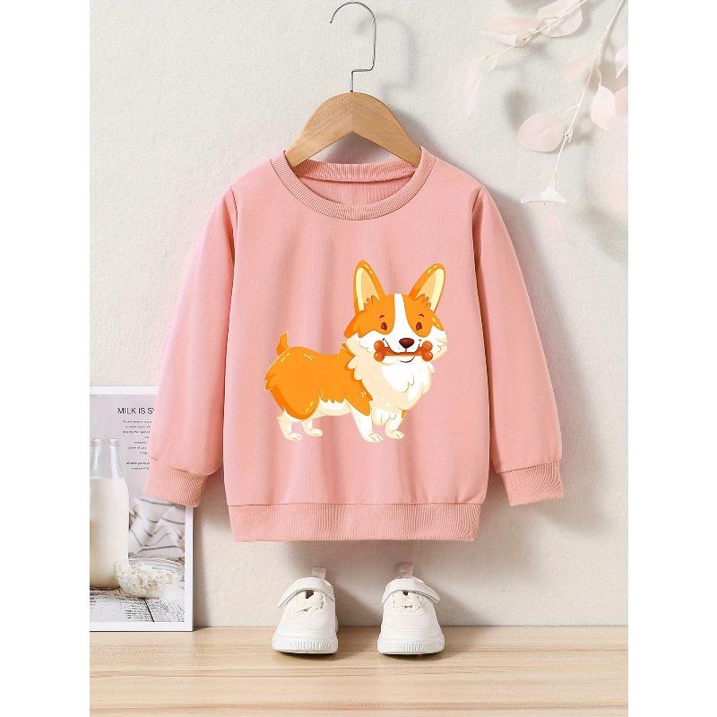 Kids Cartoon Corgi Print Crew Neck Sweatshirt - Regular Fit, Slight Stretch Fabric, Applique Detail, Ideal for Spring/Fall