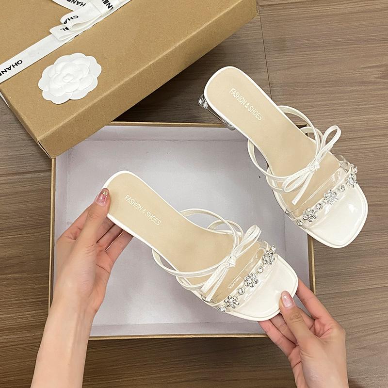Fashion Shoes Ladies' Slippers Glitter Slides Med Square Heel Butterfly-Knot Fashion Jelly Block Luxury Butterfly-knot Crystal Med Glitt