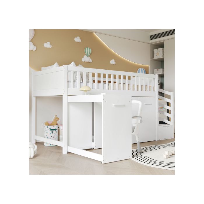 Etagenbett - Multifunktional - Weiß - Integrierter Schreibtisch - Stauschränke - Erhöhte Sicherheit