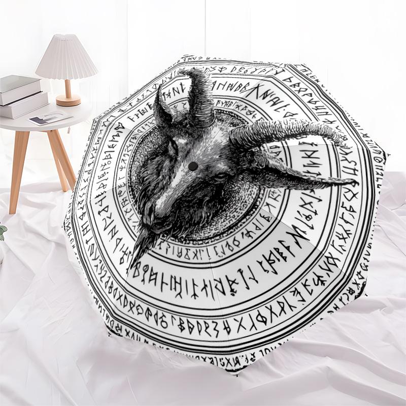 0106 Runic Sheep Head  pattern, automatic folding umbrella, portable and foldable design, 8 ribs, a Christmas or birthday gift.