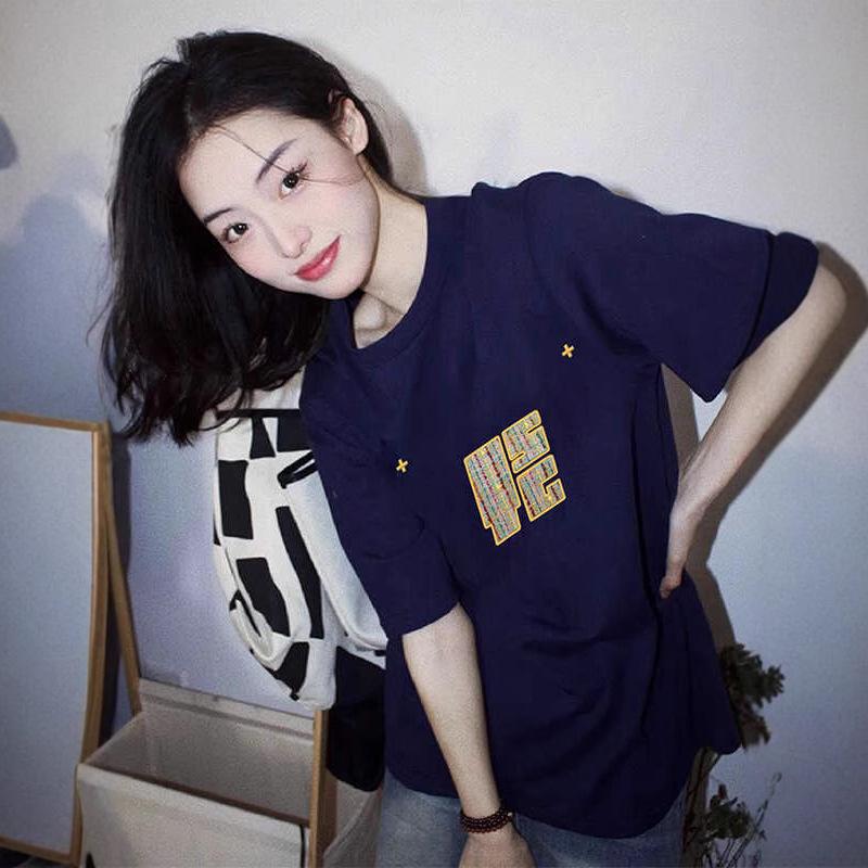 Plus Size Navy Blue Retro Cotton T-Shirt for Women - Summer Half-Sleeve Trendy Top