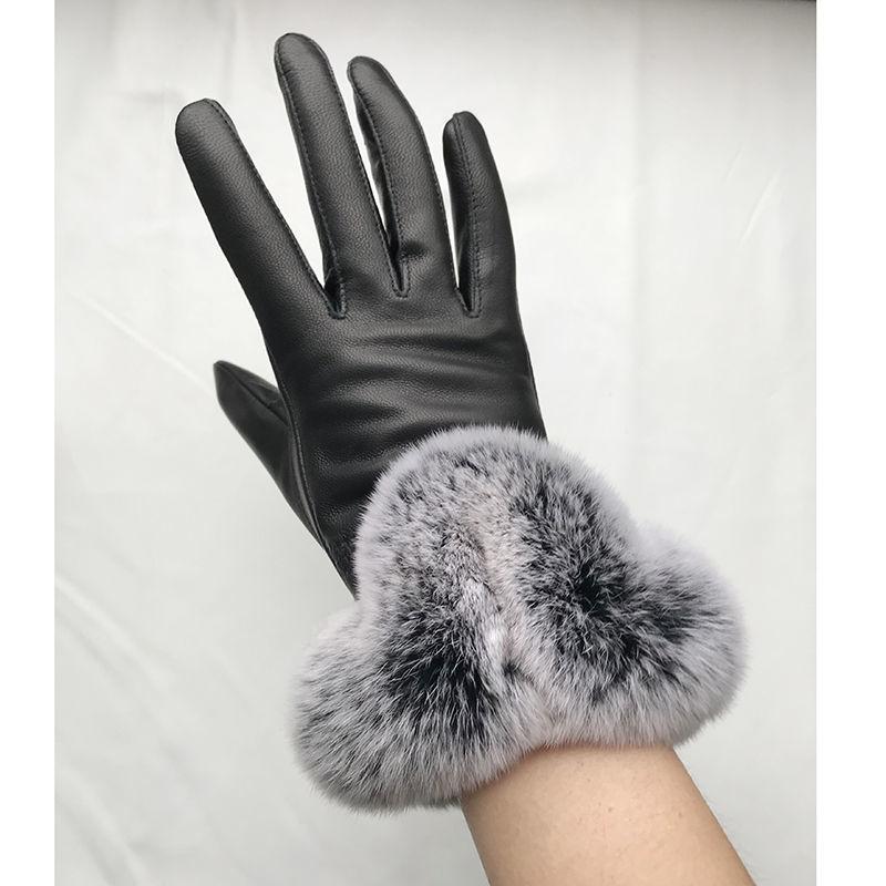 Women Winter Genuine Sheepskin Leather Glove With Rex Rabbit Fur Cuff Warm Winter Female Genuine Leather Gloves Hand Warmer