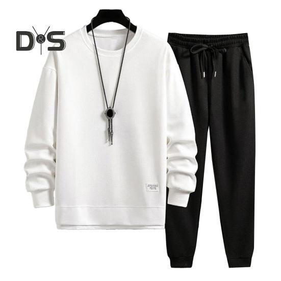 

2 шт./комплект весна осень мужской повседневный спортивный костюм вафельная текстура О-образный вырез длинный рукав имитация двух частей толстовка эластичный пояс спортивные штаны комплект L белый