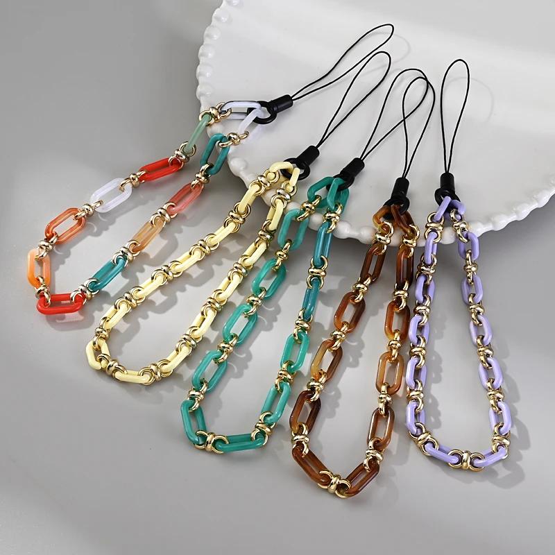 Classic Coloful Cellphone Hanging Cord Simple Metal Acrylic Beaded Mobile Phone Chain For Anti-Loss Telephone Lanyard Tether