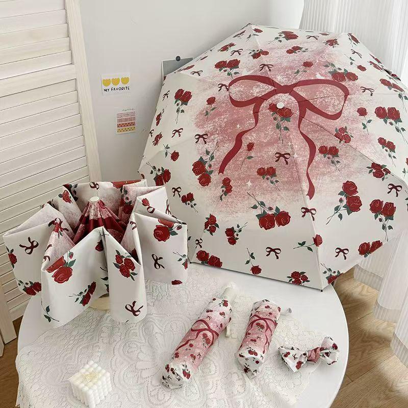 Women, UV protection for sun shading, dual use for sun and rain,  3 folding umbrellas Bow, flower patterned umbrella