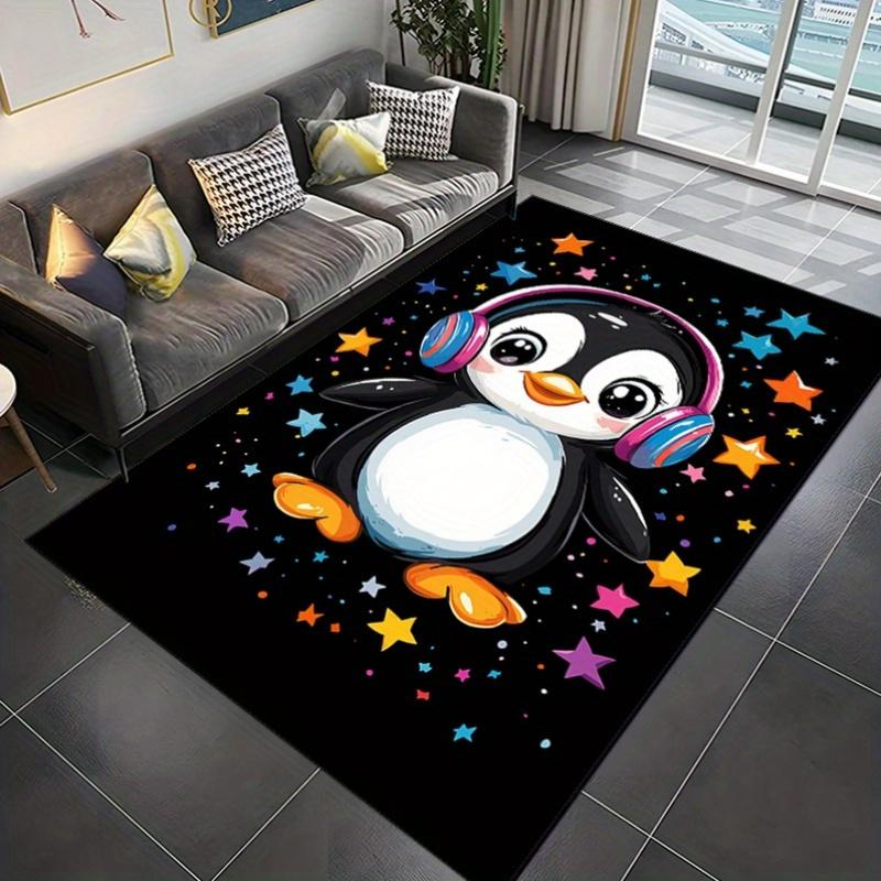 Dynamisches Pinguin-Design mit Kopfhörern, Anti-Rutsch-Teppich aus Kristall-Samt, Polyester-Anti-Rutsch-Matte für Schlafzimmer, Wohnzimmer, Heimdekoration, Groß