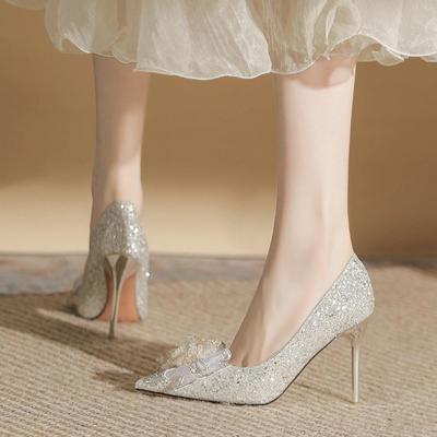 Beautiful Pointed Head Shallow Mouth Stiletto High Heels Women's 2025 Spring and Summer New Fashion Versatile Comfortable Bow Single Shoes