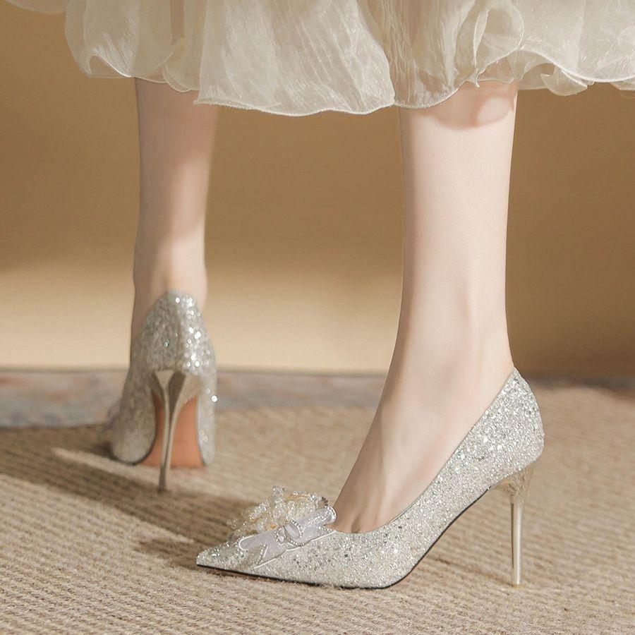 Beautiful Pointed Head Shallow Mouth Stiletto High Heels Women's Spring and Summer New Fashion Versatile Comfortable Bow Single Shoes