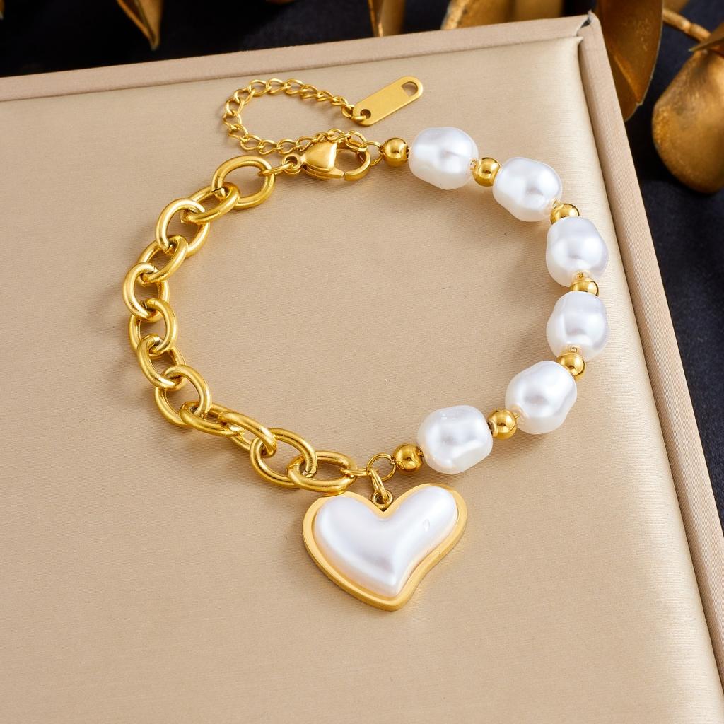 Pearl Heart Creative Link Chain Pearl Chain Splicing Design Bracelet Women 316L Stainless Steel Elegant Jewelry