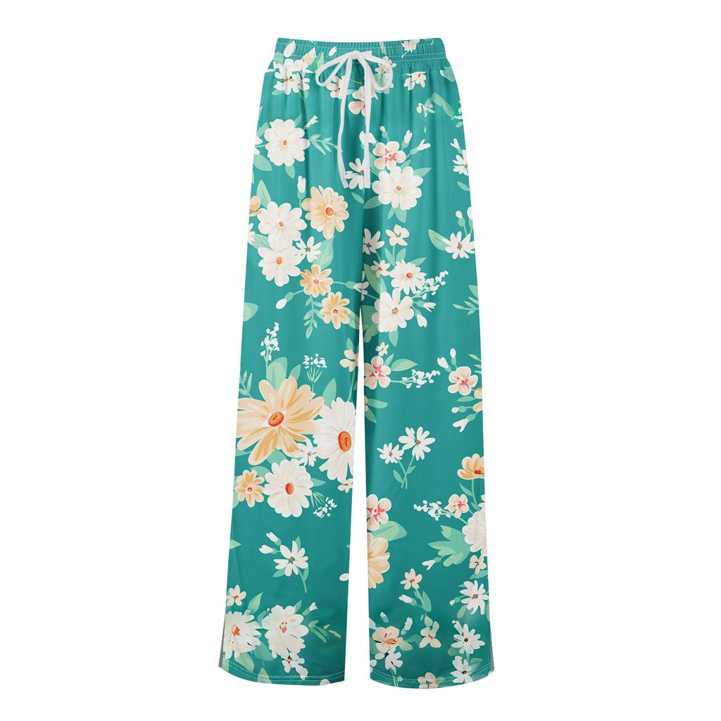 Kvinner Sommer Boho Palazzo Bukser Høy midje Bred Leg Blomstertrykk Uformelle bukser med lommer