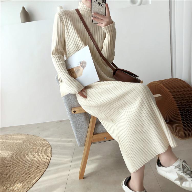 Knitted dress women's autumn and winter new pit strips straight inside with long loose temperament sweater over the knee bottom long dress