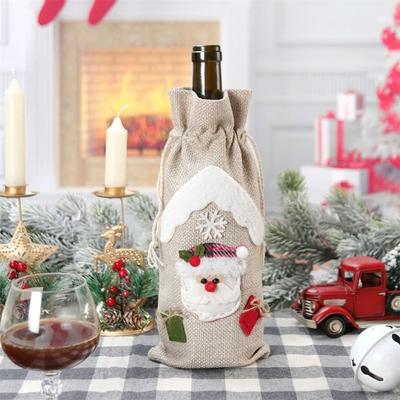 2pcs Portable Christmas Linen Wine Bottle Cover Cartoon Santa Claus Snowman Elk Champagne Wine Bag Exquisite Reusable
