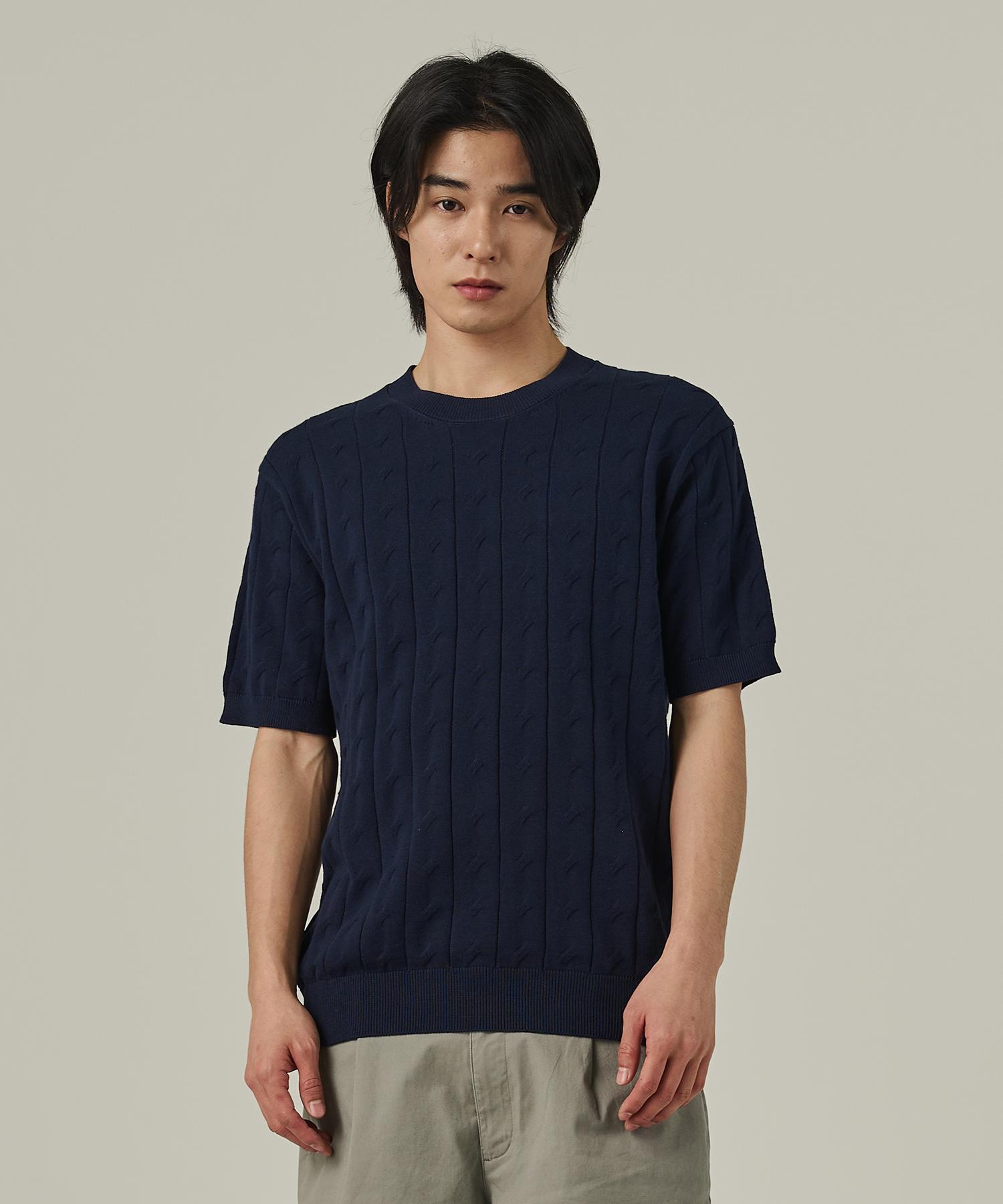 Analog Mood Cable Round Short Sleeve Knit (Navy) Free