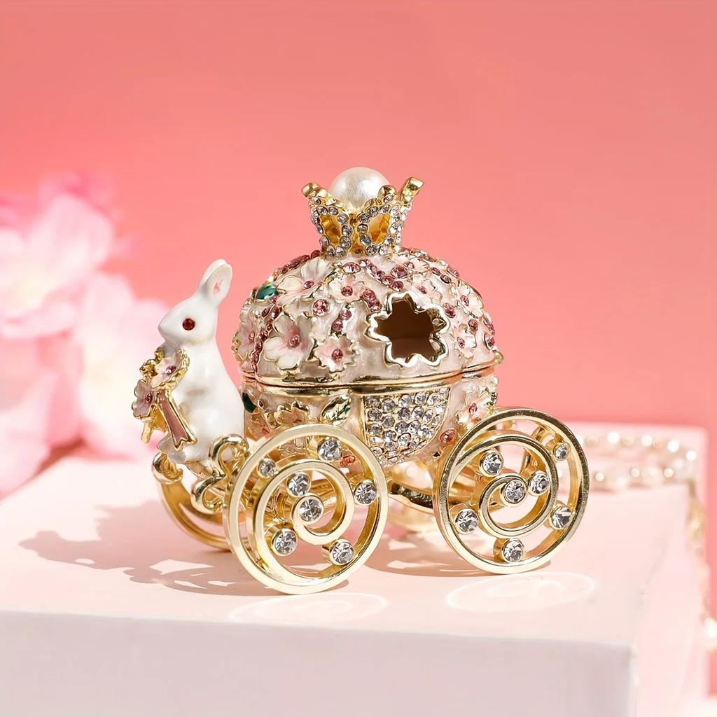 1pc Pink Cherry Blossom Rabbit Carriage Jewelry Box Enamel Craft Alloy Box Small Gift Ornament