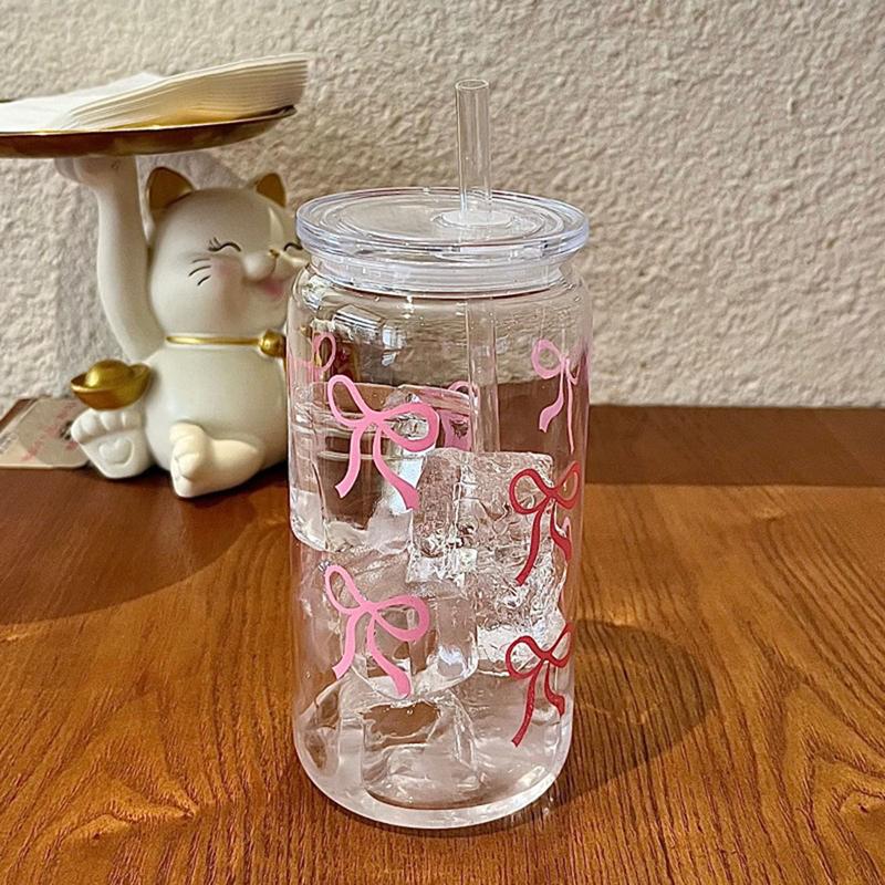 500Ml Pink Bow Print Water Bottle Drinking Can Iced Hot Coffee Juice Plastic Cup Pink Bowknot Tumbler Cup