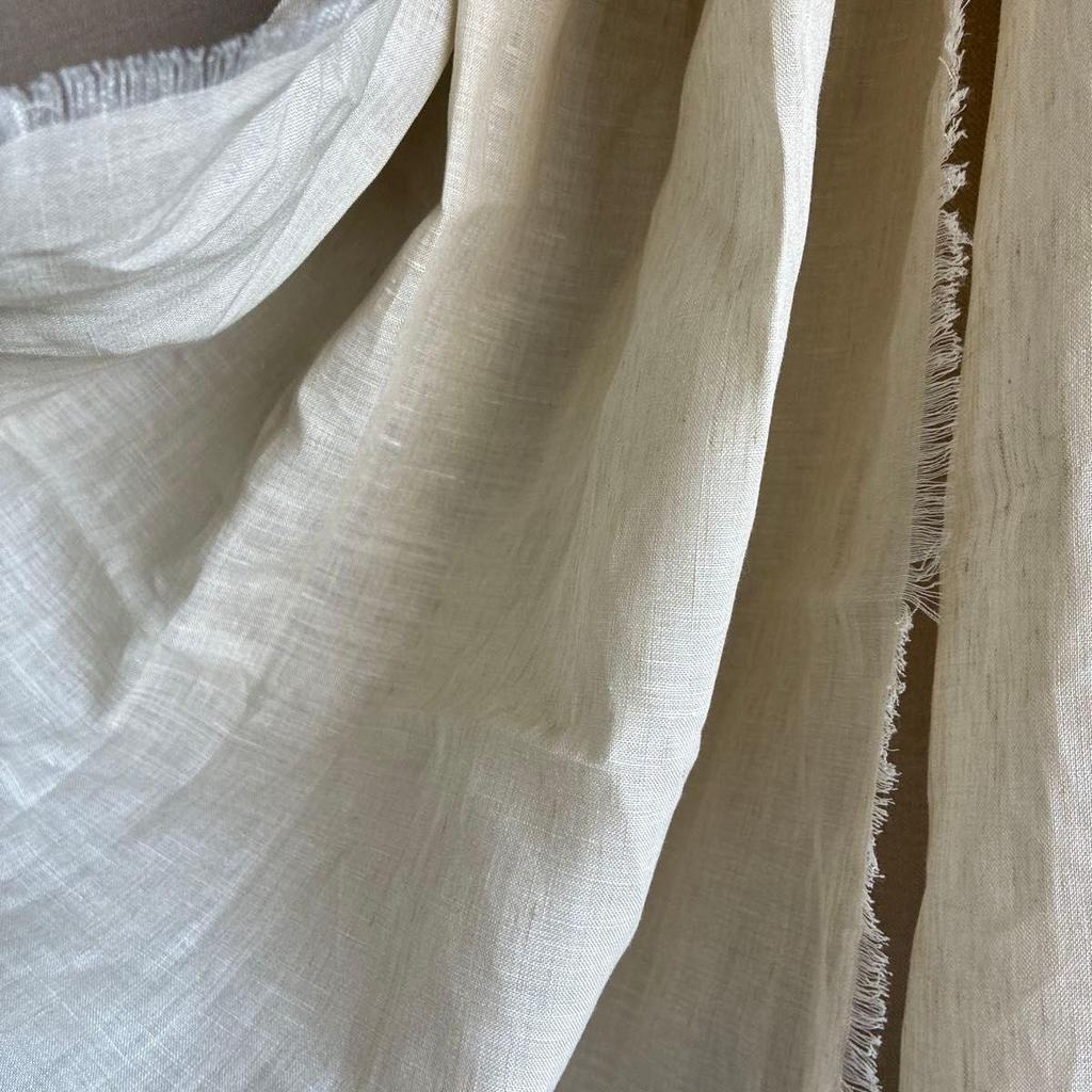 Used Handmade Stole, Ivory Linen, Fringed, Large Shawl