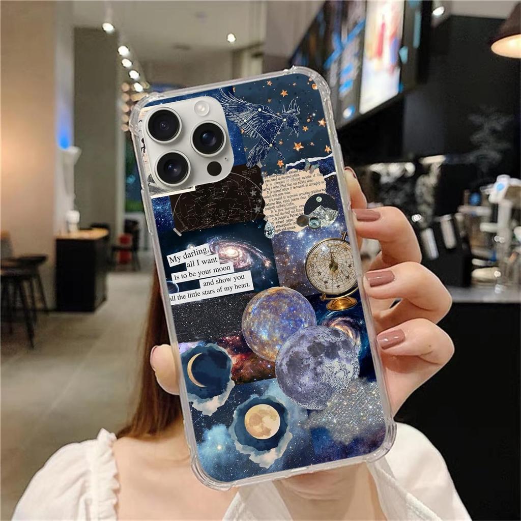 Vintage Celestial Sun Moon Star Pattern Collage Phone Case for iPhone 16 Pro, Aesthetic Space Planet Star Case for Teens Women Men for iPhone 16 Pro,