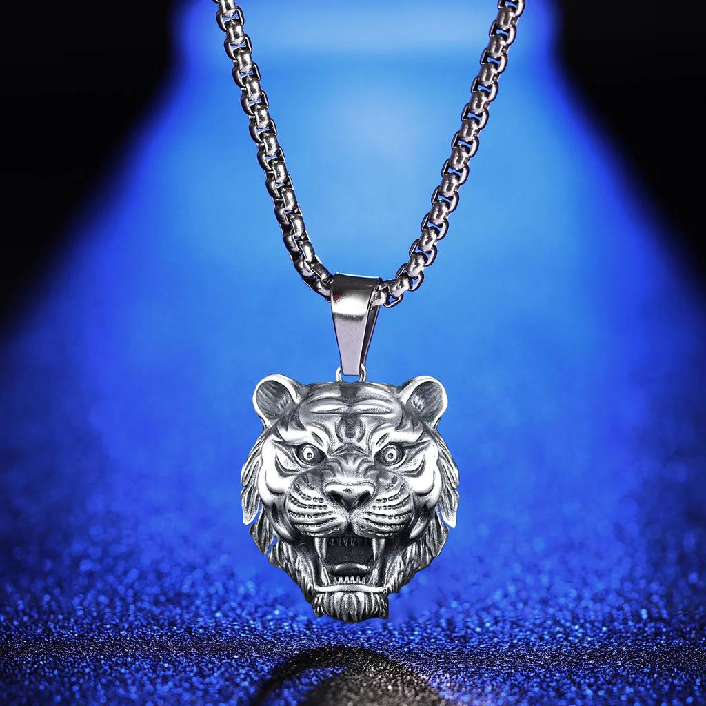 European and American Fashion Retro Domineering Tiger Head Necklace Men's Pendant Trendy Brand Hip-hop Simple